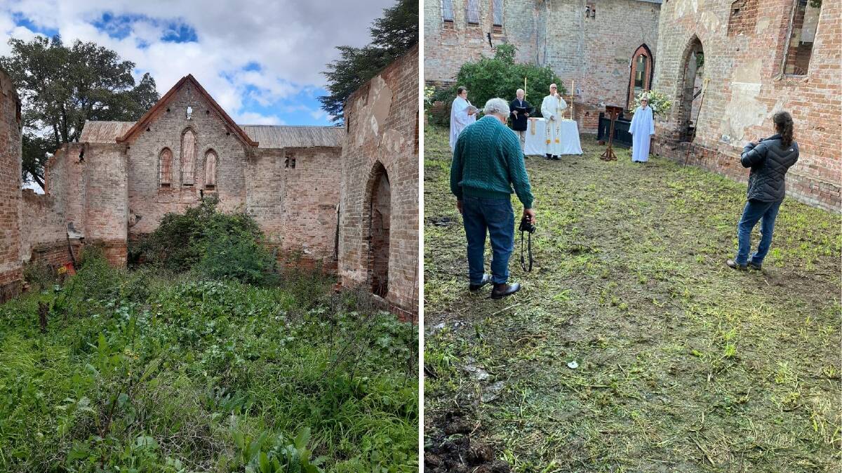BEFORE AND AFTER: The ruins of St Barnabas' Anglican Church were tidied up for a special service on Easter Saturday. It was the site's first church service since the 2014 fire. Photos: SUPPLIED