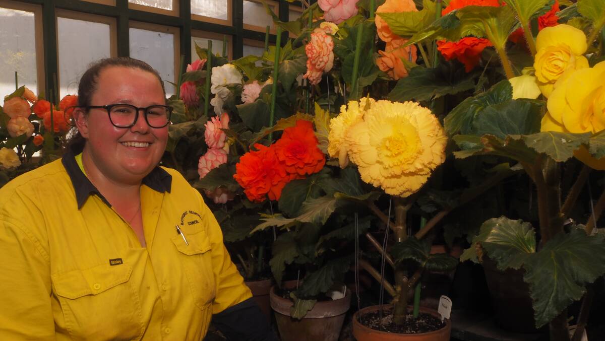PICTURESQUE: Bathurst Regional Council horticulturalist Kira Mendes with begonias in full bloom at Begonia House. Photo: SAM BOLT