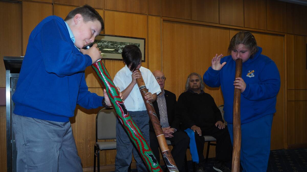 BALGAL: Eglinton Public School students Beau Osborne, Ashton Todd and Brock Coggan performing a didgeridoo piece at the NAIDOC Week launch. Photo: SAM BOLT