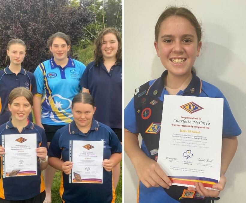 DISTINGUISHED: [left] Jasmyn Nankervis and Emily Parsons [front] with their BP Award certificates and fellow Senior Guides Chloe, Hannah and Isabelle; [right] Charlotte McCurly with her Junior BP Award certificate.