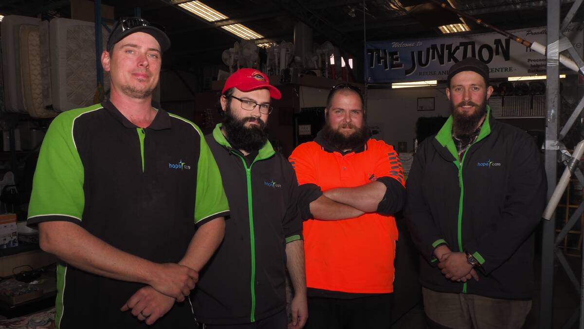 The Junktion manager Justin Fowler with volunteers Tim Lawrence and Jarrod Cornwall and Hope Care Bathurst operations and welfare services manager Elliot Redwin. Picture: Sam Bolt