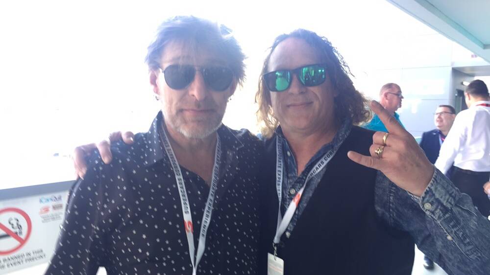 ROCK ROYALTY: Bassist Paul Woseen and vocalist Dave Gleeson of The Screaming Jets. The pair performed the national anthem to open the Bathurst 1000. Photo: SAM BOLT.