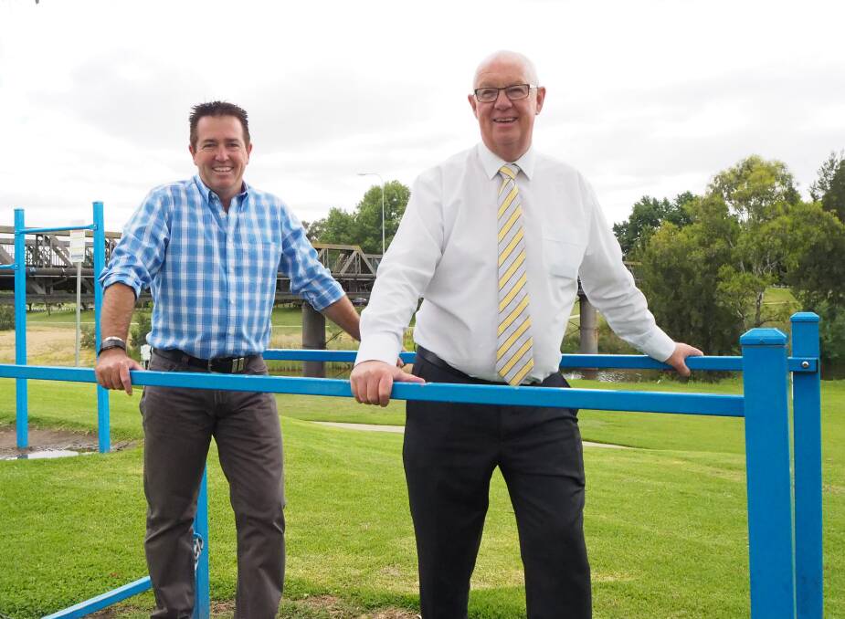 MAINTAINING A BALANCE: State Member for Bathurst Paul Toole and mayor Graeme Hanger welcome the NSW Government's announcement of new fitness equipment along the Macquarie River. Photo: SAM BOLT 120518sbtoha1