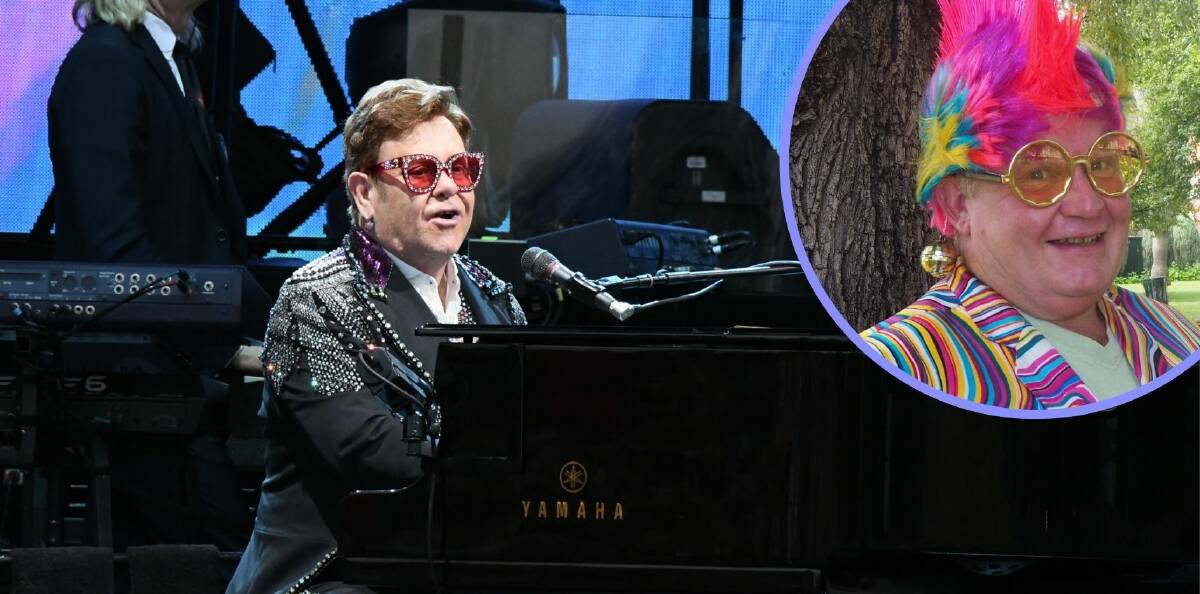LEGEND: Sir Elton John's landmark Bathurst performance is still widely remembered 12 months on, namely by devout fan Andy Wheeler [inset].