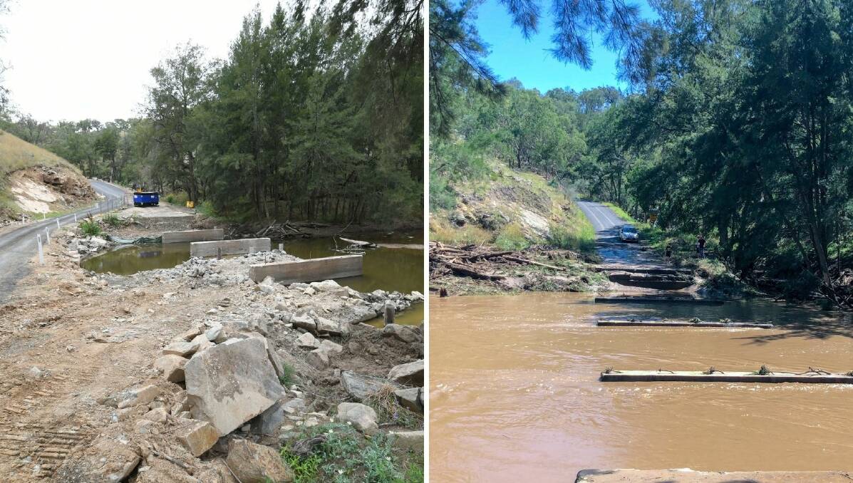 IN THE WORKS: The Howards Bridge site on December 20 [left] and in January 2019 [right] after the original bridge was washed away.