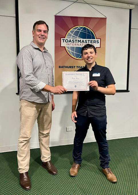 WELL-SPOKEN: Toastmasters Western Division director Sean Leise with Bathurst Toastmasters Club president John Attard. Photo: SUPPLIED