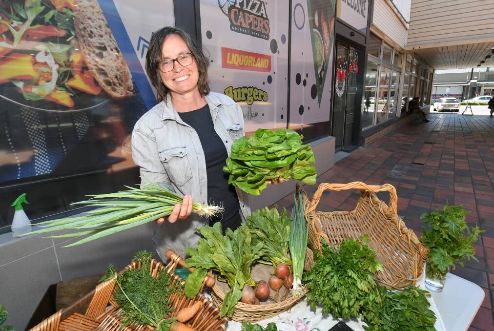 VEGGIES: Wholefood Co Op manager Cathie Hale with her produce for sale at the mini markets on Saturday. Photo:CHRIS SEABROOK