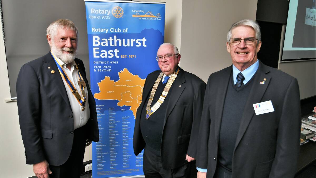 ROTARIANS: Rotary 9705 district governor Michael Moore, Bathurst East president Tony Pollard and Area 1 governor Doug Kinlyside. Photo: CHRIS SEABROOK