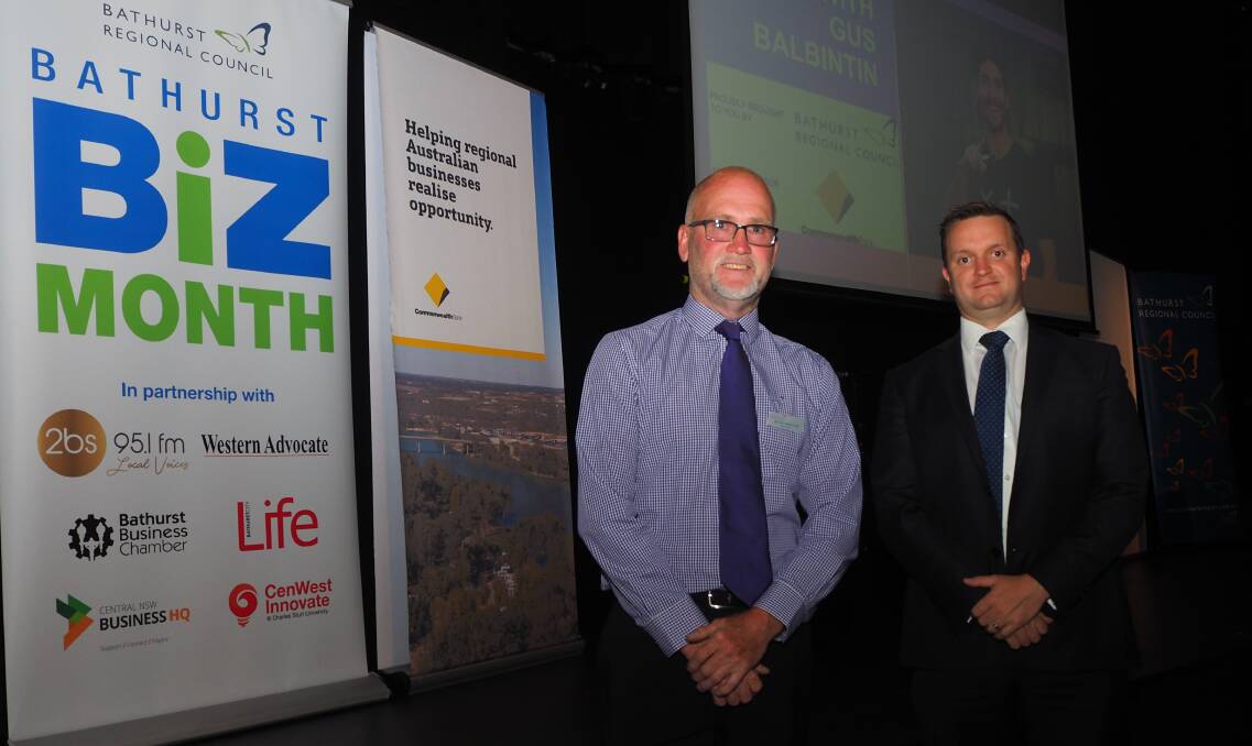 MEANING BUSINESS: Deputy Mayor Ian North with Commonwealth Bank Central West executive manager Philip Alcock at the BizMonth luncheon. Photo: SAM BOLT