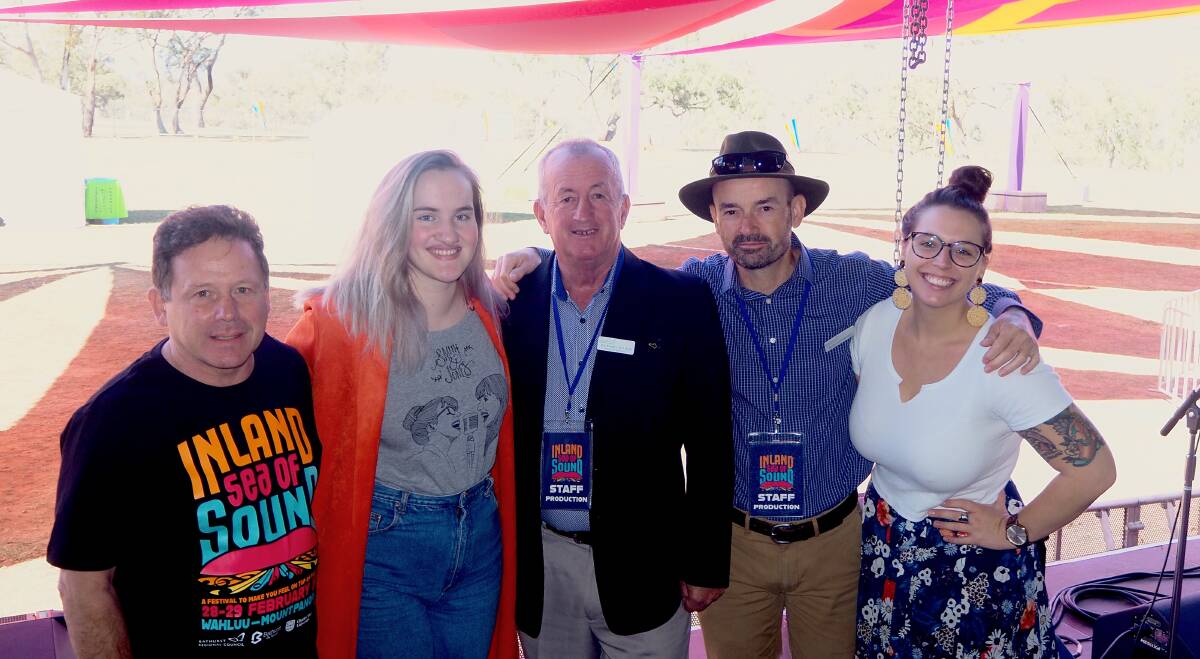 ON THE STAGE: Bathurst Memorial Entertainment Centre manager Stephen Champion, Inland performer Gabbi Bolt, mayor Bobby Bourke, council director of culture and community services Alan Cattermole and Inland co-MC Sophie Jones [Smith & Jones]. Photo: SAM BOLT
