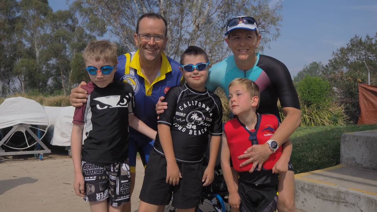 TRYING IT OUT: Bathurst Wallabies Triathlon Club's Luke and Danielle Patterson with Aidhan Sweeney, Malaki Windsor and Lachlan Patterson.
