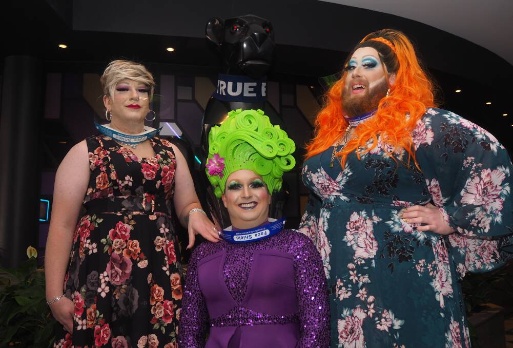 WE THREE QUEENS: Bathurst drag queen star and Australia's Got Drag host Betty Confetti [centre] with event directors Arie Ola and Misty Boxx at Panthers Bathurst, where the event will be held in September. Photo: SAM BOLT