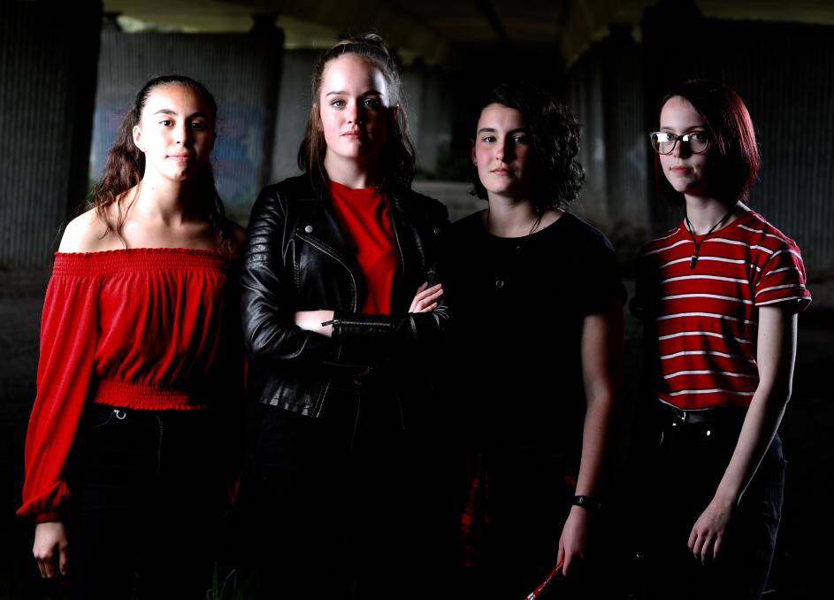 YOUNG ROCKERS: Sweet Revenge, featuring Ella McPhillamy, Belle Whitwell, Jenna Orpwood and Zoe Bunyan, will be playing fortnightly gigs at Bathurst Panthers starting from today. Photo: PHIL BLATCH 120818pbsweet1