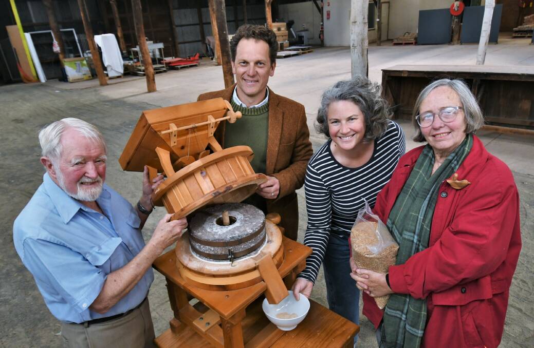 GRAIN: Australian Milling Museum director John McCorquodale and CEO Jess Jennings with sourdough bakers Fiona Green and Vianne Tourle. Photo: CHRIS SEABROOK