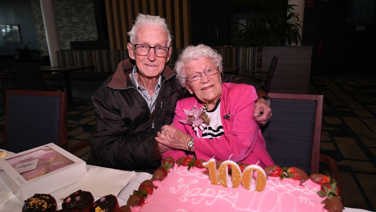 CENTENARIAN: John and Joy Pringle celebrating Joy's 100th birthday at Panthers Bathurst yesterday. Photo:CHRIS SEABROOK 090820c100th