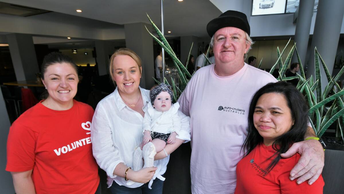 DAY TRIP VISIT : NSW ACT HeartKids state manager Janyne Hogan, Caryn Pender with daughter Callie Sloane and Euro-Cruisers Australia's Paul Stewart and Marissa Celik. Photo: CHRIS SEABROOK