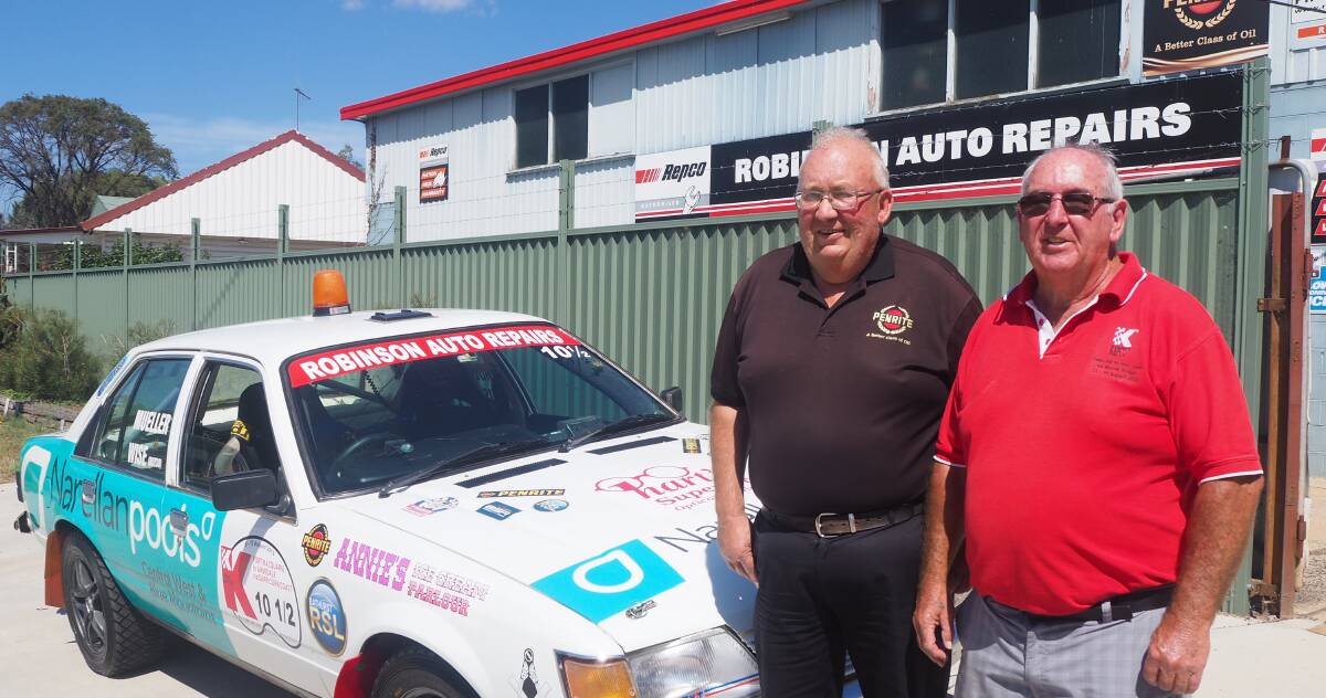 LAST RALLY: Tony Wise [right] with Robinson Auto Repairs owner Dave Robinson and his VK Commodore Kidney Kar entry. Photo: SAM BOLT