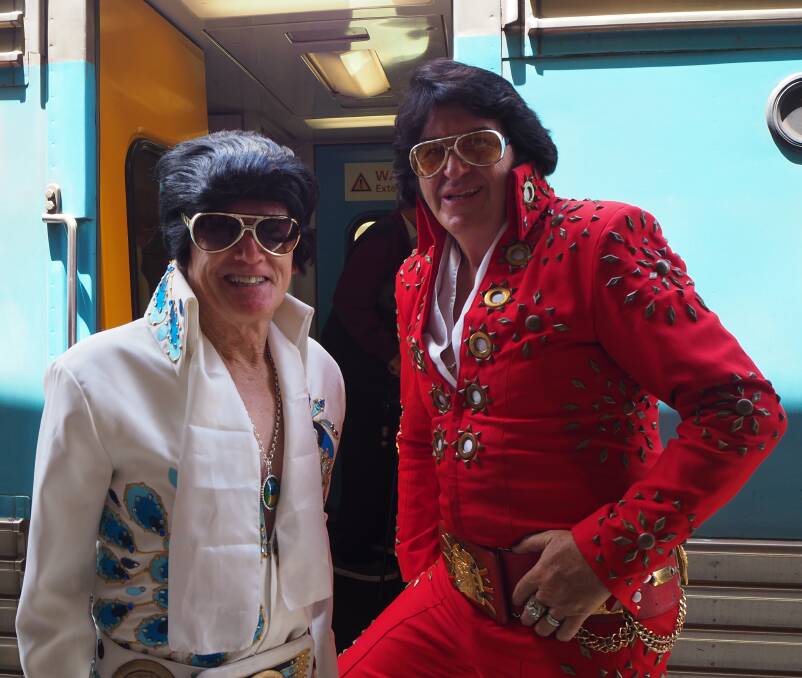 TUPELO BOUND: Diehard fans of 'The King' greeted locals as the Elvis Express made a pit stop in Bathurst on Thursday en route to the Parkes Elvis Festival. Photo: SAM BOLT 011019sbelvi1