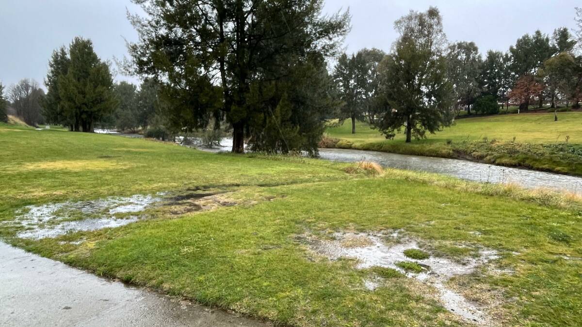 Waterlogged lawns along the Wambuul-Macquarie River on Sunday. Picture: Sam Bolt