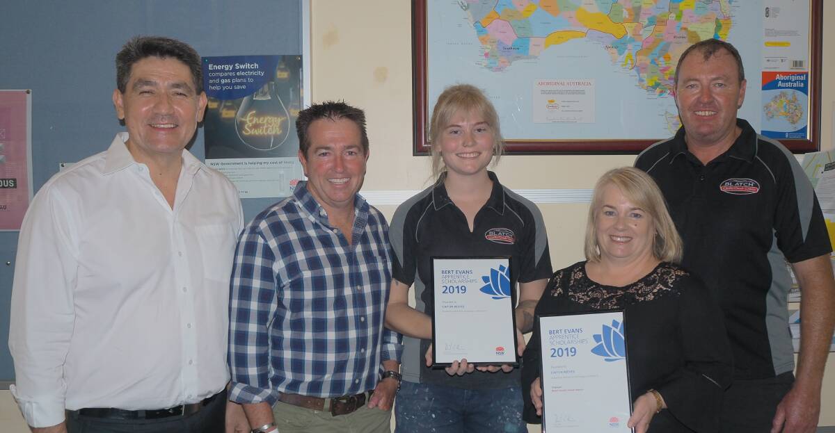 SCHOLARSHIP: Parramatta MP Geoff Lee, Bathurst MP Paul Toole, Caitlin Reeves and Blatch Quality Smash Repairs' Allison and Peter Blatch.