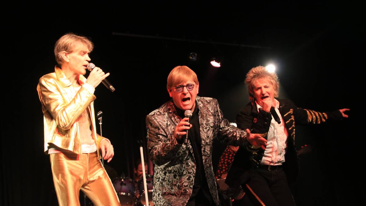 LEGENDS: [from left] Jeff Duff as David Bowie, Lance Strauss as Elton John and Rob Caudill as Rod Stewart. Photo: SUPPLIED.
