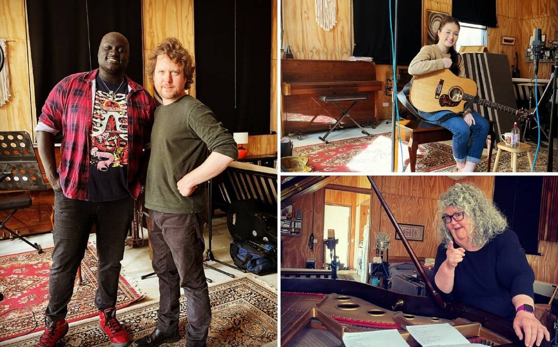 AT THE BOATSHED: Pictures from the recording process of 'While the World Waits'; [clockwise, from left] Lueth Ajak and Kris Schubert, Gracey Denham-Jones and Genni Kane. Photos: SUPPLIED