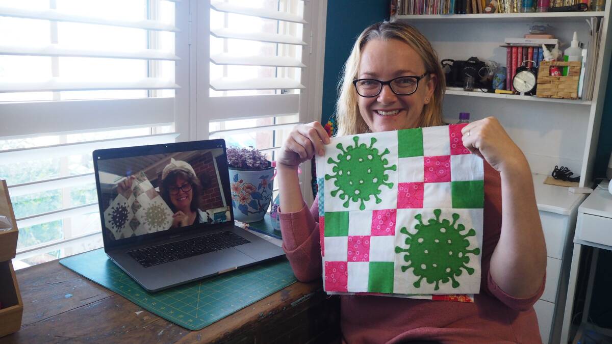 CRAFTY: Close friends Judy Meadley [on the screen] and Tanya Willey have spent the COVID-19 period designing coronavirus-inspired quilts. Photo: SAM BOLT