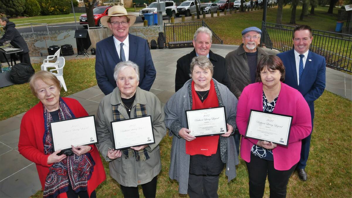 LIVING LEGENDS: [front] Gloria Packham, Sr. Mary Comer, Lyn Cooper and Maureen Markwick; [back] Calare MP Andrew Gee, Bathurst mayor Robert Taylor, Paul Smith and deputy premier Paul Toole. Photo: CHRIS SEABROOK