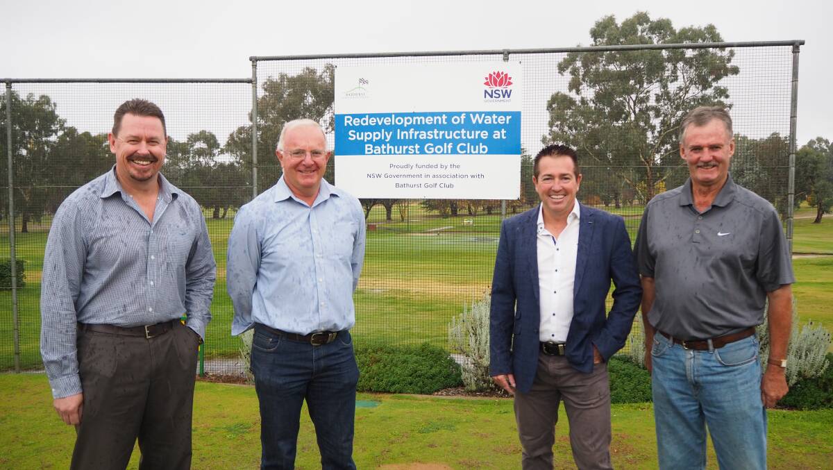 ON THE GREEN: Bathurst Golf Club general manager Brad Constable, board director Stephen Darlington, state member for Bathurst Paul Toole and vice president Tony Pryce. Photo: SAM BOLT 050319sbgolf1