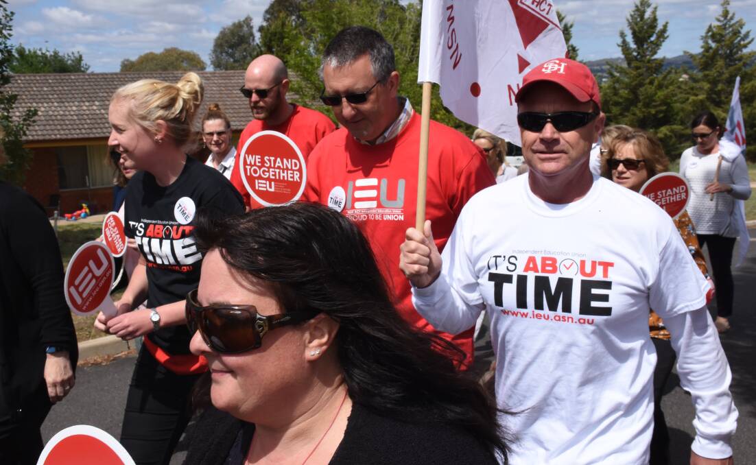 ON STIRKE: Teachers and support staff from the Catholic Diocese of Bathurst  striking with support of the Independent Education Union NSW/ACT. Photo: NADINE MORTON 110817nmstrike13
