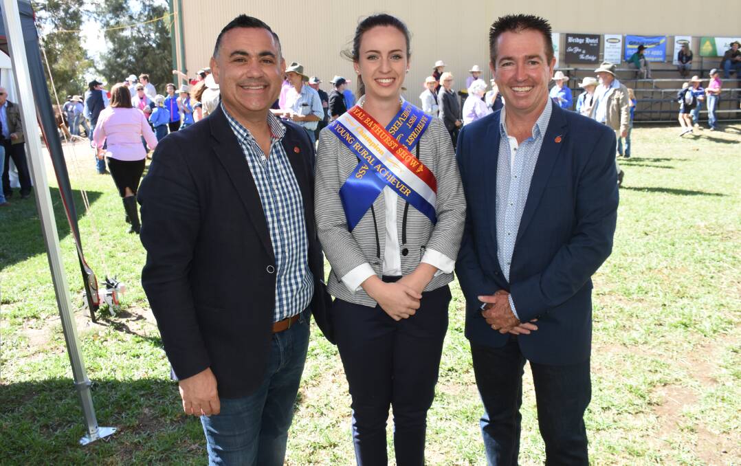 OPEN WINNER: Deputy NSW Premier John Barilaro, Young Rural Achiever Award open winner Alice Godwin and Bathurst MP Paul Toole. Photo: NADINE MORTON 041418nmsho1
