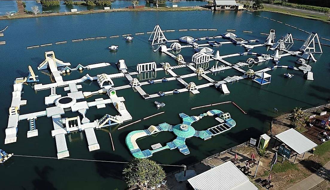 FLOATING PARK: The Bli Bli Aqua Park, also owned by Hickstar Investments, is said to be of similar size to what is proposed for Bathurst's Chifley Dam. Photo: SUPPLIED