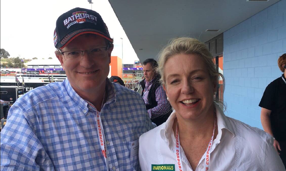 BENEFITS OF SPORT: Calare MP Andrew Gee and Federal Minister for Sport Bridget McKenzie at the Bathurst 1000 on Sunday. Photo: NADINE MORTON 100718nmbx10