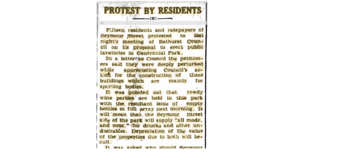 Residents protested at the suggestion of permanent toilets being constructed at Centennial Park. Story: The Bathurst National Advocate, July 16, 1953.