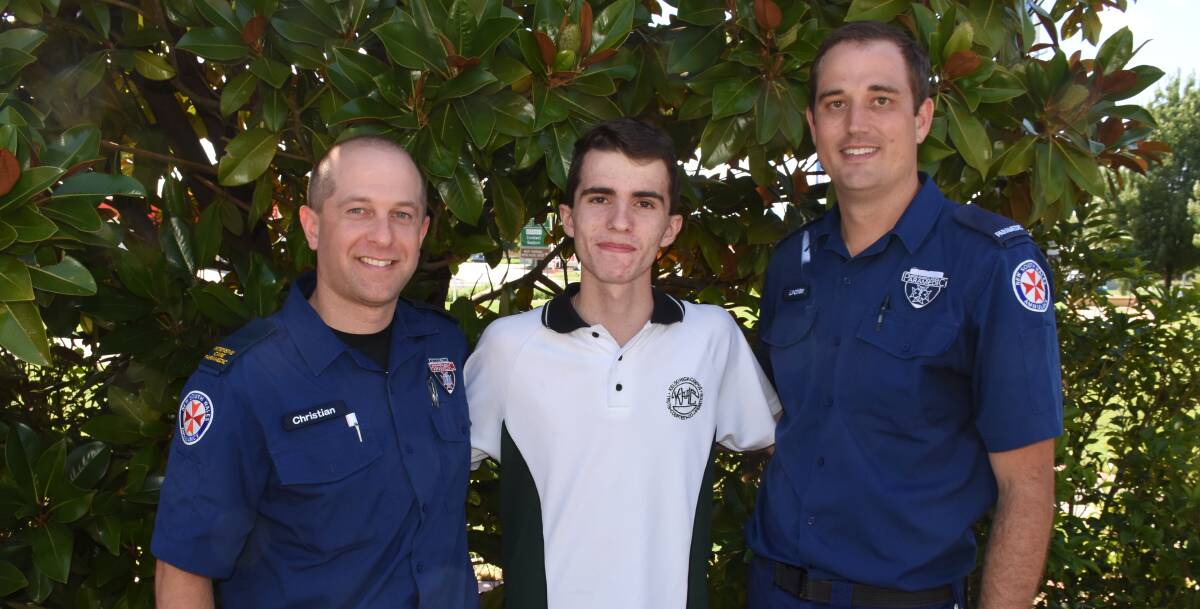 LIFE SAVERS: Bathurst paramedics Christian Stokes and Lachlan Bullock and Kyle Webb, 16. Photo: NADINE MORTON 013119nmkyle1