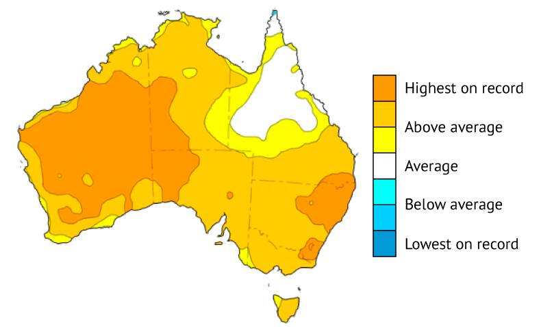 Record hot average Australia daytime temperatures for January - September 2019. Image: BUREAU OF METEOROLOGY