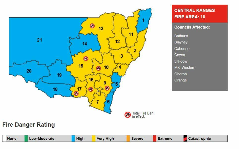 HEATWAVE: A total fire ban is in place for Thursday, January 17 in the following council areas: Bathurst, Blayney, Cabonne, Cowra, Lithgow, Mid-Western, Oberon and Orange. Image: NSW RFS