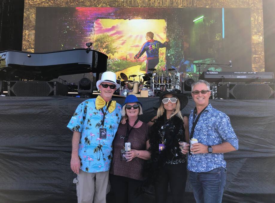HAPPIER TIMES: Glenn and Tracey Phillips with Bianca and Neil Brown at the Elton John concert in Bathurst on January 22. Photo: SUPPLIED