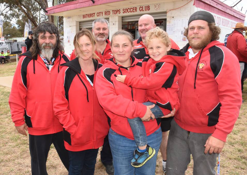GREAT EATS: Bathurst City Red Tops Soccer Club members (back) Paul Egberts, Darrel Clayton, Grant Foster, (front) Amy Richards, Carol Prosser, Isaac Sutton and Nathan Gay. Photo: NADINE MORTON 020218nmred2