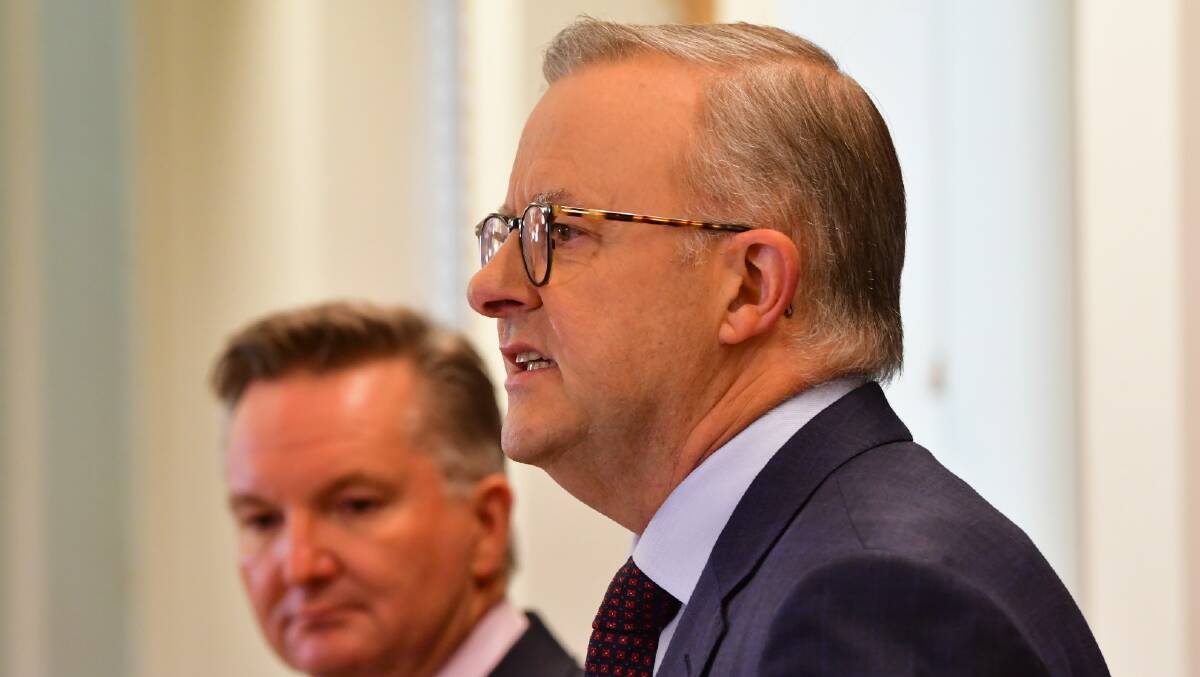 Labor leader Anthony Albanese and climate and energy spokesman Chris Bowen unveiled the party's "Powering Australia" plan. Picture: Elesa Kurtz 