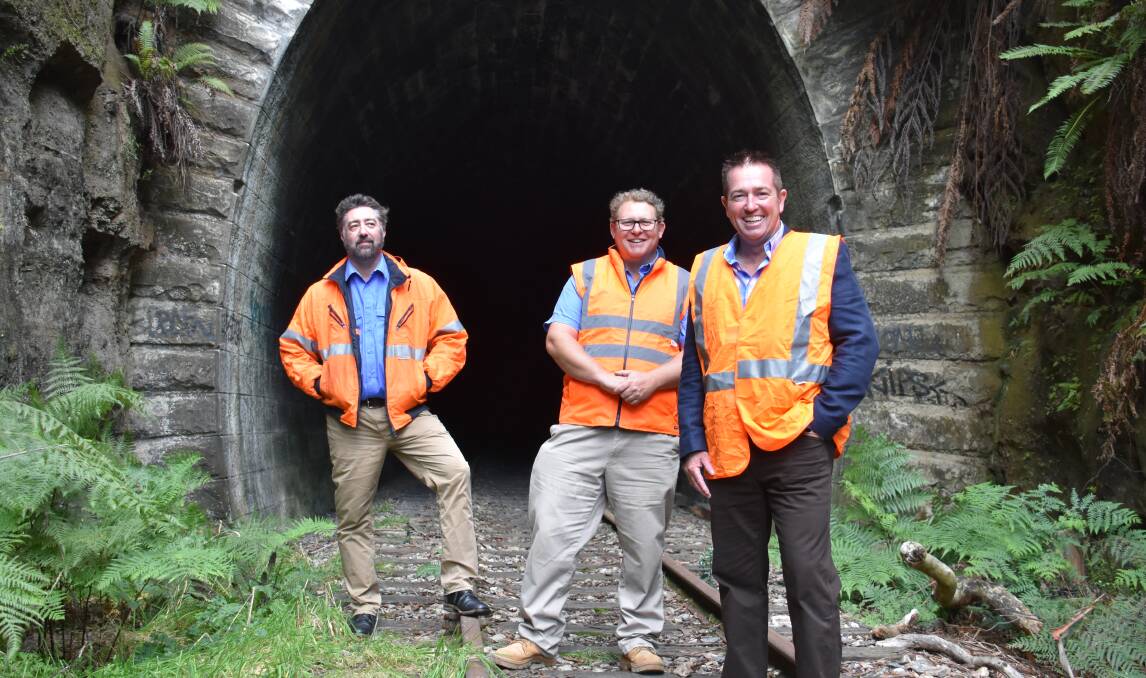BOOST FOR ZIG ZAG: Volunteer Andrew Miller, chairman Lee Wiggins and Bathurst MP Paul Toole check out one of the tallest railway tunnels in Australia. Picture: ALANNA TOMAZIN.