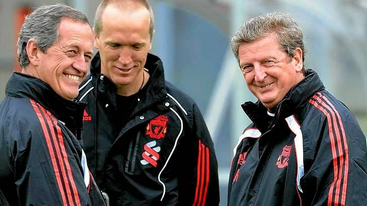 Medico: Peter Brukner (left)  with ex-Liverpool manager Roy Hodgson (right).