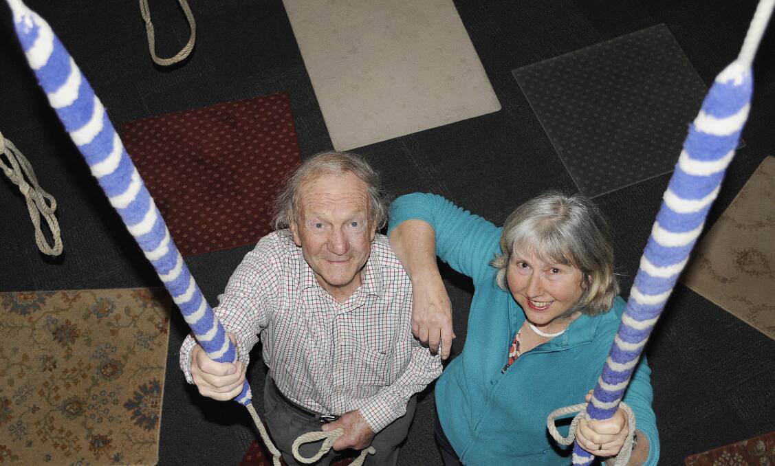 FINALLY: Chris Bacon joined former Bathurst resident Jenny Watson, who was ringing the bells in All Saints' Anglican Cathedral for the first time despite recruiting many of the local bell ringers. Photo: CHRIS SEABROOK 		042314cbells2a