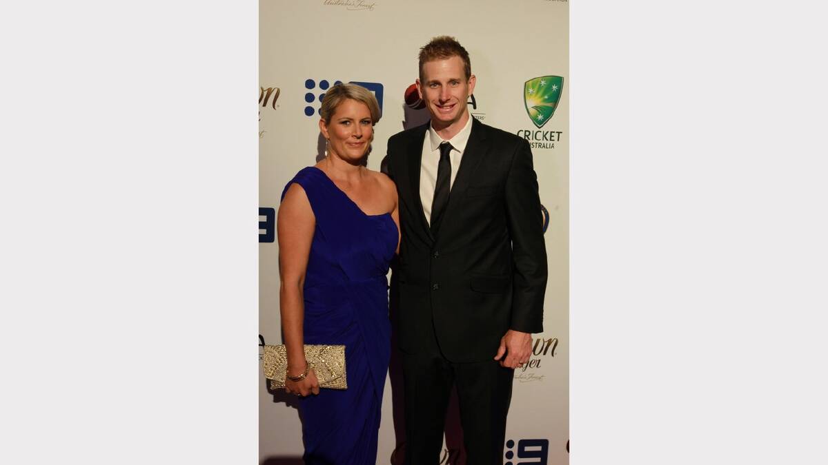  Adam Voges and Kristy Tuzee arrive at the 2014 Allan Border Medal on Monday night. Picture: Ben Rushton 