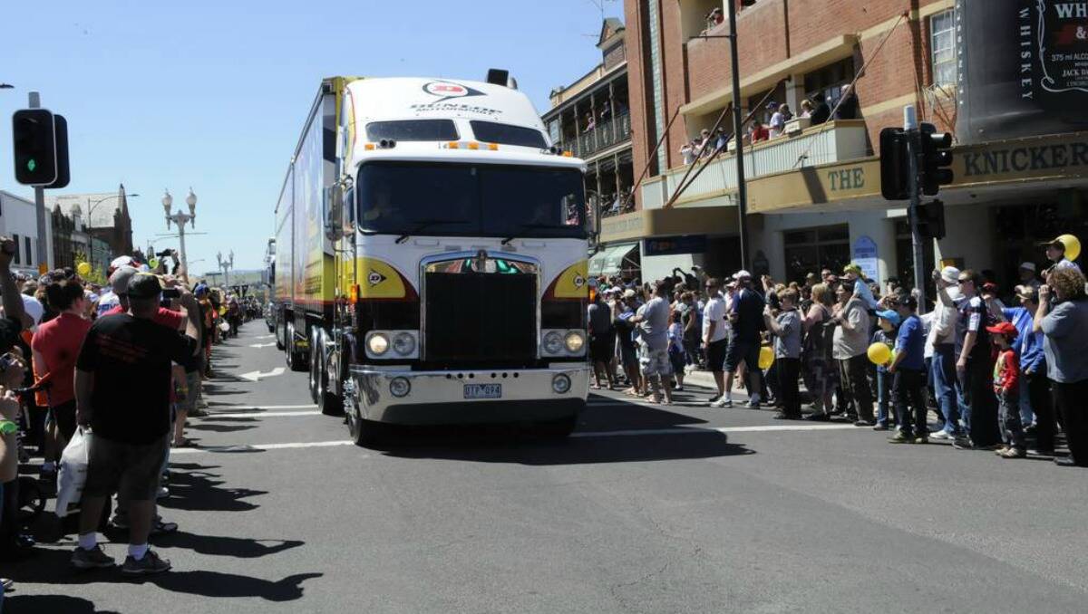 The V8 Supercars will make a spectacular entrance when they roar into Bathurst with the imrpessive B-Double Transporter Parade such as the one pictured in 2012. 