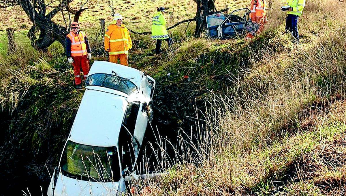 BLAYNEY: The car which crashed into a culvert near Carcoar on Monday. Photo: Colin Rouxel 