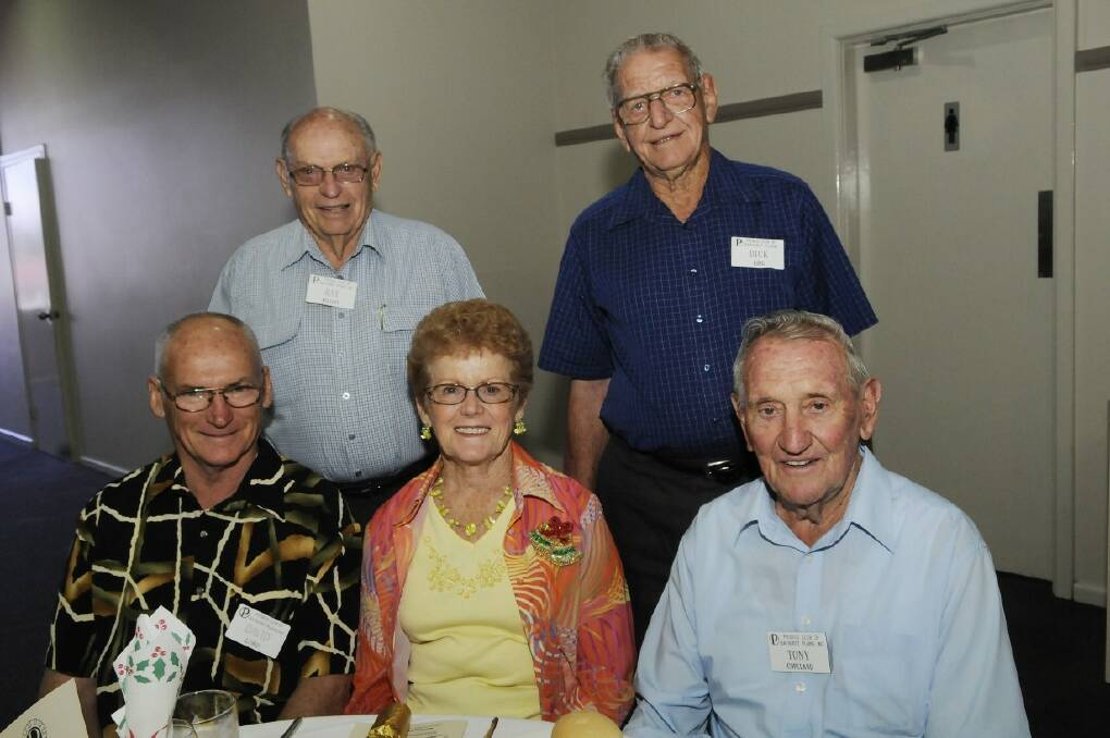 SNAPPED: At the Probus Club of Bathurst Plains Christmas party, top, Ray Willot and Dick King. Seated, David Lord, Cecilia MacDonald and Tony Copeland.