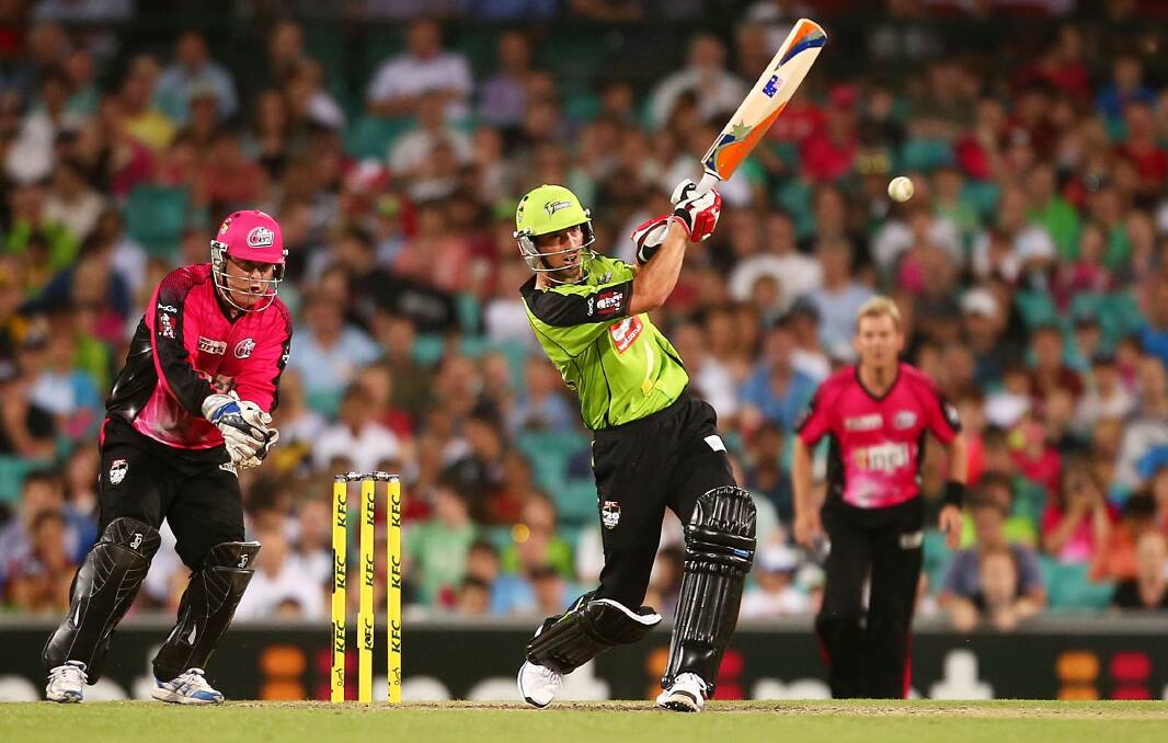 CONNECTED: Bathurst cricket graduate Blake Dean connects with a Ravi Bopara delivery in his Big Bash League debut for the Sydney Thunder at SCG. Photo: GETTY IMAGES 	122213blakedean