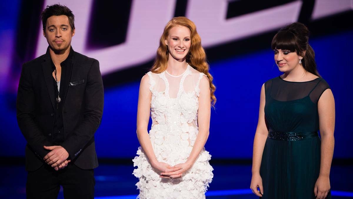 Forbes’ Celia Pavey (centre) with fellow Team Delta contestants Tim Morrison and Jackie Sannia on stage ­during the announcement of the ‘The Voice’ finalists on May 27. Photo supplied by The WIN Network.