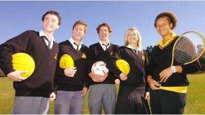2005: Orange High’s Astley Cup team captains (from left) Tim Fogarty (basketball), Nick Law (league), Jay Brocklesby (soccer), Brianna New (netball) and Ashlee Gersbach-Seib (tennis) are determined to win back the Cup from Dubbo.